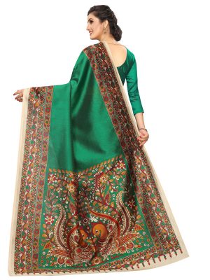 Kalamkari 14 Green Khadi Silk Printed Kalamkaari Sarees With Blouse