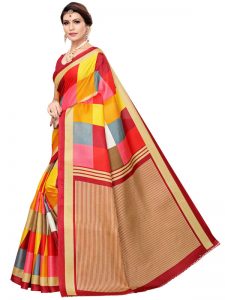 Madras Checks Red Khadi Silk Printed Kalamkaari Sarees With Blouse