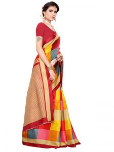 Madras Checks Red Khadi Silk Printed Kalamkaari Sarees With Blouse