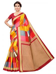 Madras Checks Red Khadi Silk Printed Kalamkaari Sarees With Blouse