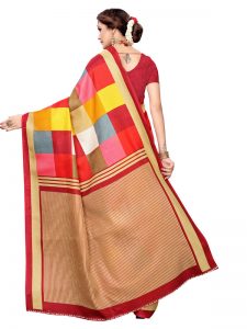 Madras Checks Red Khadi Silk Printed Kalamkaari Sarees With Blouse