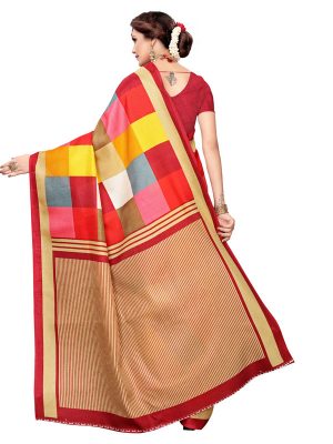 Madras Checks Red Khadi Silk Printed Kalamkaari Sarees With Blouse