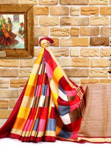 Madras Checks Red Khadi Silk Printed Kalamkaari Sarees With Blouse