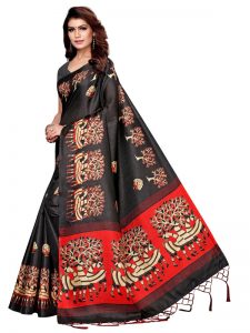 Morni Black Khadi Silk Printed Kalamkaari Sarees With Blouse