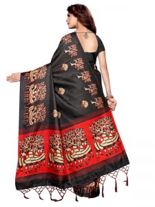 Morni Black Khadi Silk Printed Kalamkaari Sarees With Blouse