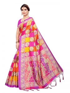 Radha Checks Violet Khadi Silk Printed Kalamkaari Sarees With Blouse