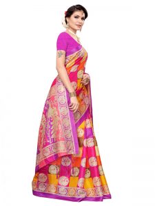 Radha Checks Violet Khadi Silk Printed Kalamkaari Sarees With Blouse