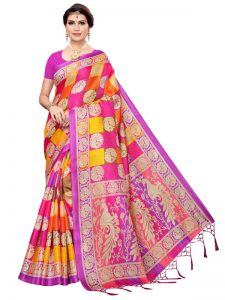 Radha Checks Violet Khadi Silk Printed Kalamkaari Sarees With Blouse