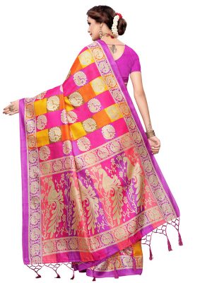 Radha Checks Violet Khadi Silk Printed Kalamkaari Sarees With Blouse