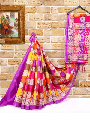 Radha Checks Violet Khadi Silk Printed Kalamkaari Sarees With Blouse