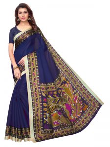 Sanedo Navy Khadi Silk Printed Kalamkaari Sarees With Blouse