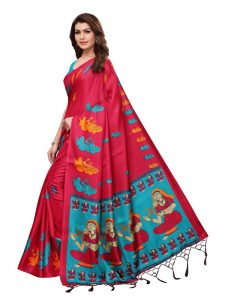 Shabri Red Khadi Silk Printed Kalamkaari Sarees With Blouse