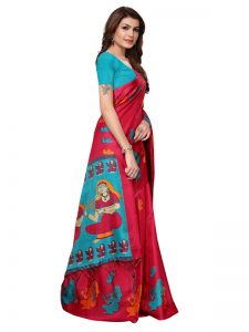 Shabri Red Khadi Silk Printed Kalamkaari Sarees With Blouse