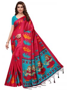 Shabri Red Khadi Silk Printed Kalamkaari Sarees With Blouse