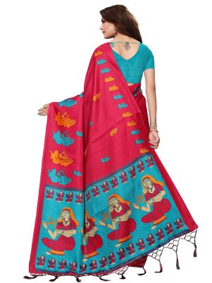 Shabri Red Khadi Silk Printed Kalamkaari Sarees With Blouse