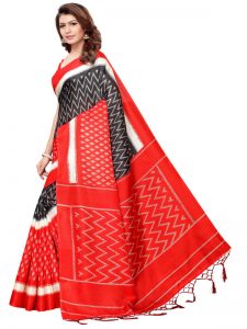 Snap Red Khadi Silk Printed Kalamkaari Sarees With Blouse