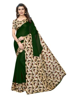 Sparrow Green Khadi Silk Printed Kalamkaari Sarees With Blouse
