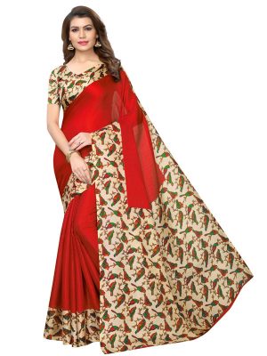 Sparrow Red Khadi Silk Printed Kalamkaari Sarees With Blouse