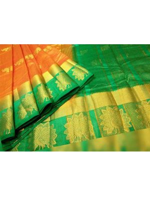 Star Peacock Orange Green Tussar Silk Weaving Kanjivaram Sarees With Blouse