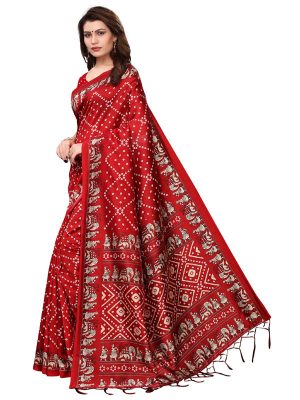 Bandhej Red Printed Mysore Art Silk Kanjivaram Sarees With Blouse