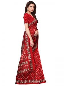 Bandhej Red Printed Mysore Art Silk Kanjivaram Sarees With Blouse