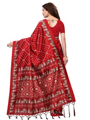 Bandhej Red Printed Mysore Art Silk Kanjivaram Sarees With Blouse