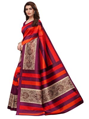 Jaali Red Printed Mysore Art Silk Kanjivaram Sarees With Blouse