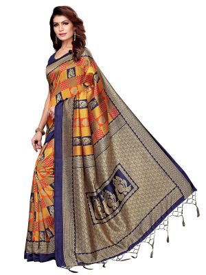 Mor Gulab Blue Printed Mysore Art Silk Kanjivaram Sarees With Blouse