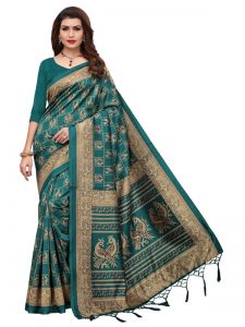 Pattu Green Printed Mysore Art Silk Kanjivaram Sarees With Blouse