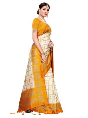 Wedding Mustard Printed Mysore Art Silk Kanjivaram Sarees With Blouse