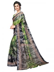 Prism Keri Green Printed Jute Silk Saree With Blouse