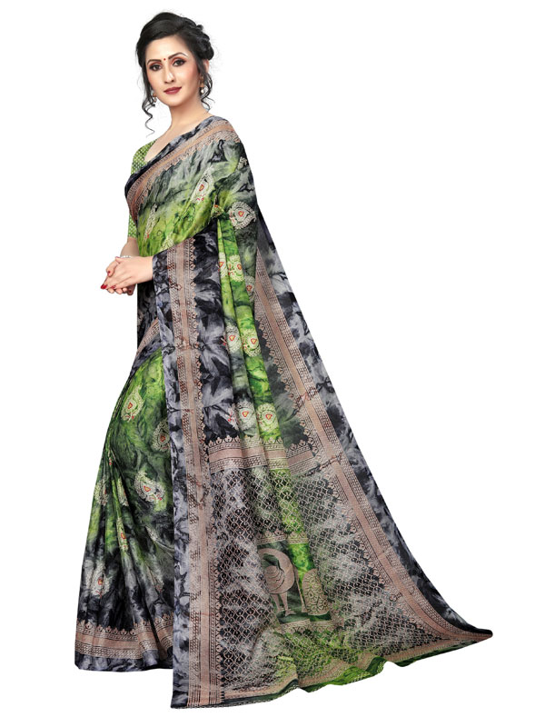 Prism Keri Green Printed Jute Silk Saree With Blouse - Zakarto