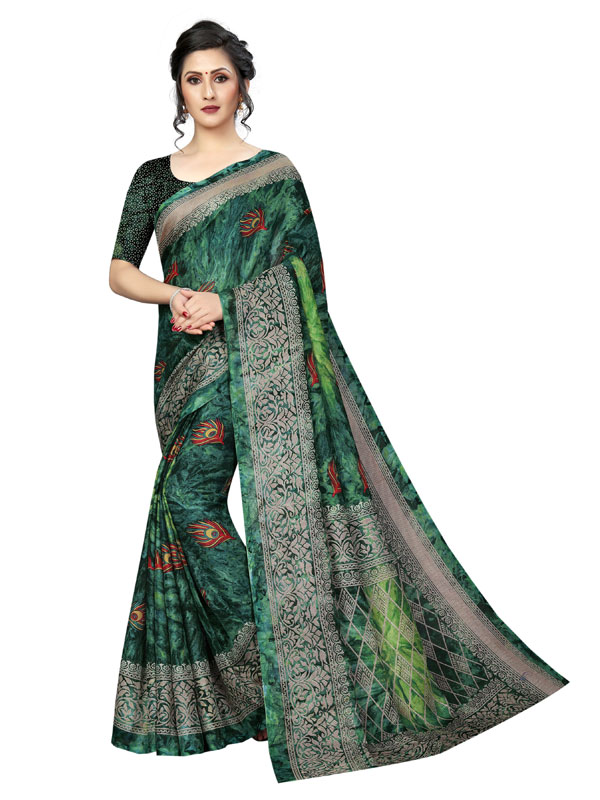 Prism Mor Green Printed Jute Silk Saree With Blouse - Zakarto