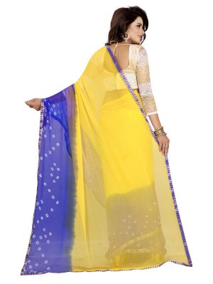 Yellow Blue Bandhani Shiffon Saree With Blouse