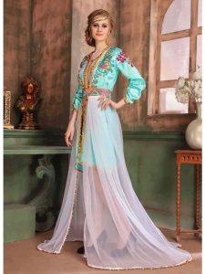 Green And Multicolored Color Satin Kaftan