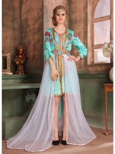 Green And Multicolored Color Satin Kaftan