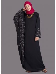 Womens Abaya Black & Grey Color Embroidery Wear
