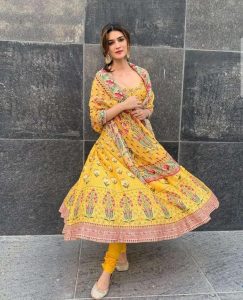 Kriti Sanon in Floral Printed Yellow Anarkali Suit