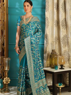 Teal Silk Full Embroidered Work Wedding & Party Wear Designer Saree