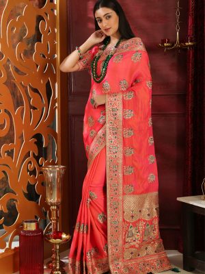 Pink Silk Full Embroidered Work Wedding & Party Wear Designer Saree