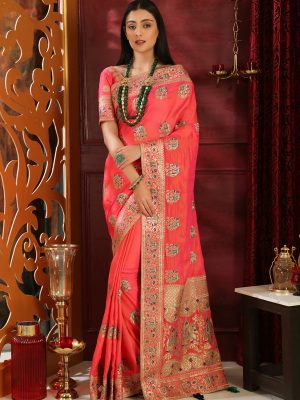 Pink Silk Full Embroidered Work Wedding & Party Wear Designer Saree