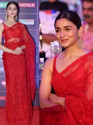 Alia Bhatt Red Colour Nylon Net Bollywood Designer Sarees