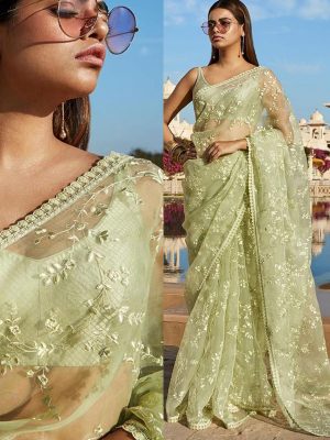 Amazing Mint Green Colour Nylon Net Bollywood Designer Sarees