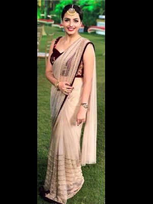 Fancy Dinner Cream With Maroon Color Bollywood Designer Sarees