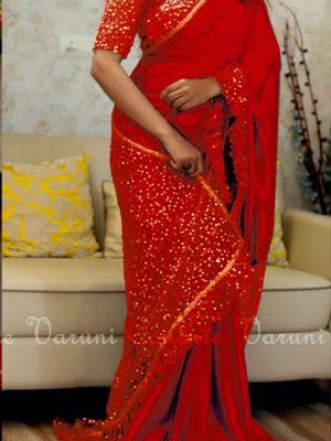 Nylon Net & Paper Silk Red Colour Sequence Work Bollywood Sarees
