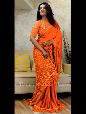 Nylon Net & Paper Silk Orange Colour Sequence Work Bollywood Sarees
