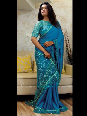 Nylon Net & Paper Silk Elegant Blue Colour Sequence Work Bollywood Sarees