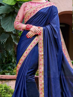 Paper Silk Georgette Blue Colour Thread Work Bollywood Sarees