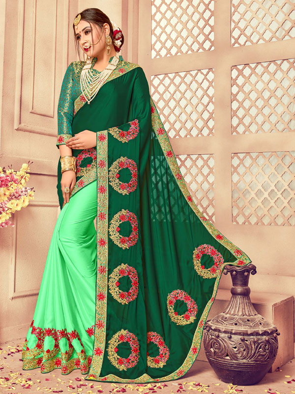 Mehendi Green and Dark Green color silk sarees with allover bandez print  and cut broaso border