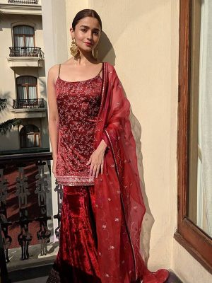 Buy New Alia Bhatt Maroon Celebrity Wear Sharara Pattern Dress